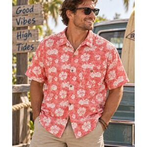 Joe Marlin Men's XXL 2XL Coral Hibiscus Hawaiian Shirt Comfort Fit Tropical